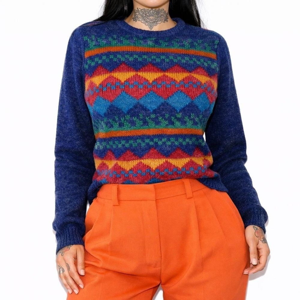 80s Vintage Levis Fair Isle Sweater Womens L Keyhole Blue Rainbow Geometric Knit